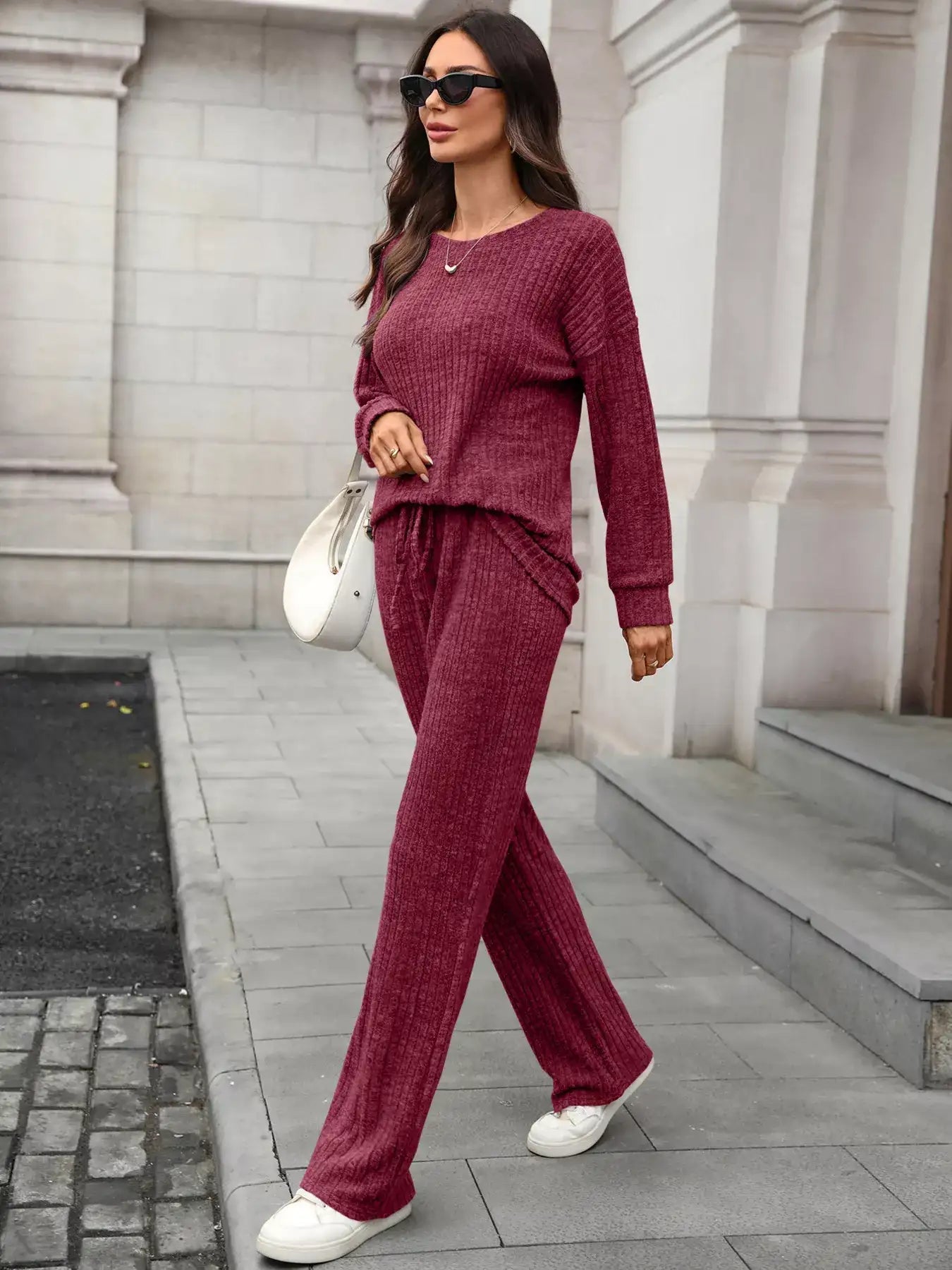 Ribbed Round Neck Top and Pants Set - Bela Fils BoutiqueBela Fils Boutique