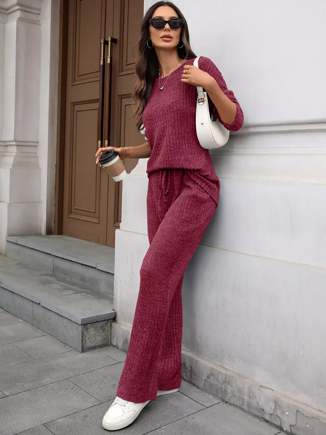 Ribbed Round Neck Top and Pants Set - Bela Fils BoutiqueBela Fils Boutique