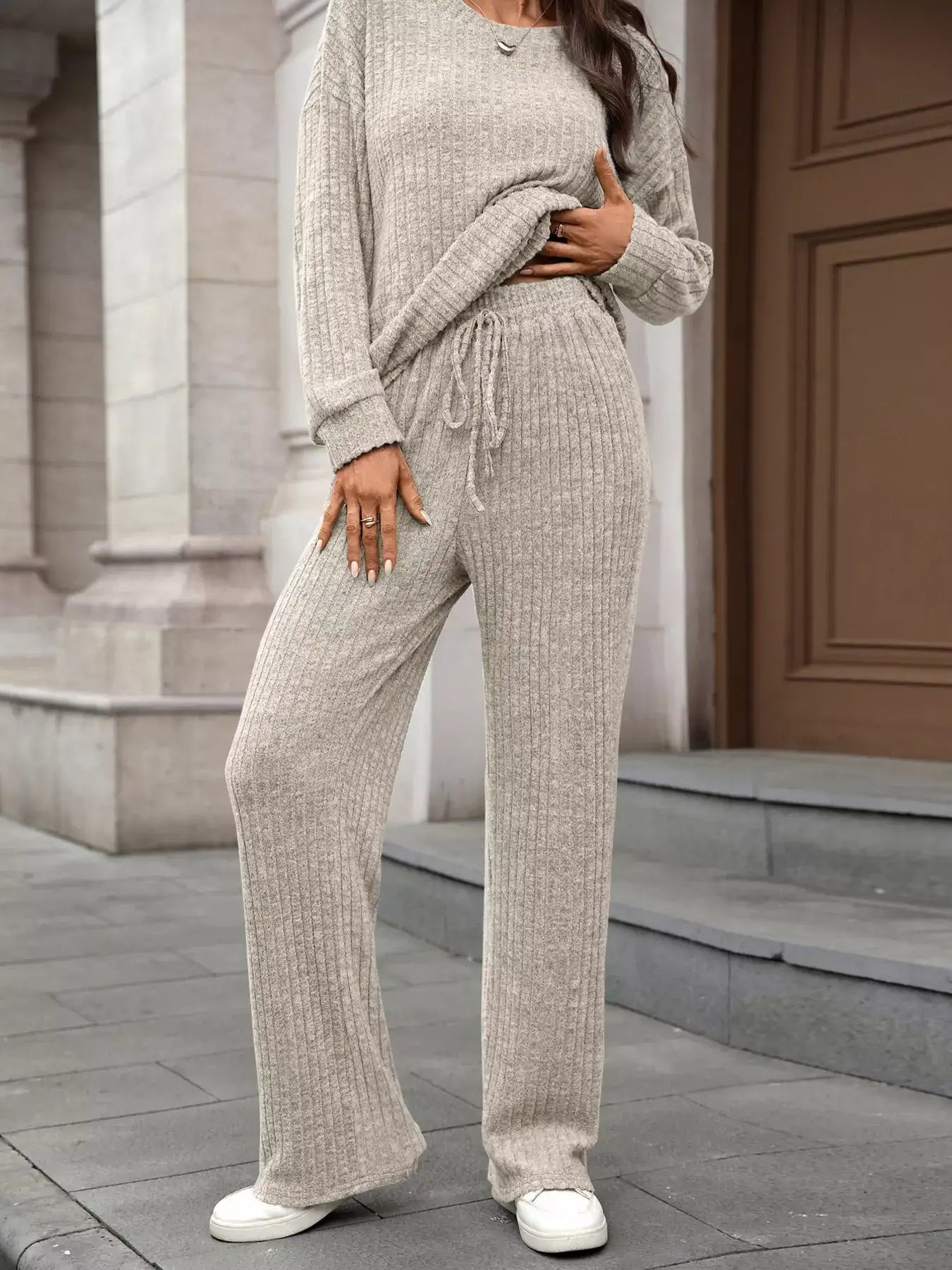 Ribbed Round Neck Top and Pants Set - Bela Fils BoutiqueBela Fils Boutique