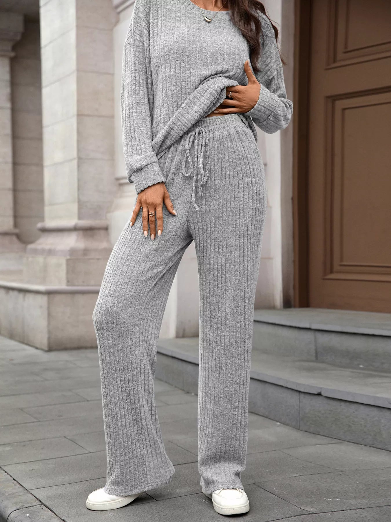 Ribbed Round Neck Top and Pants Set - Bela Fils BoutiqueBela Fils Boutique