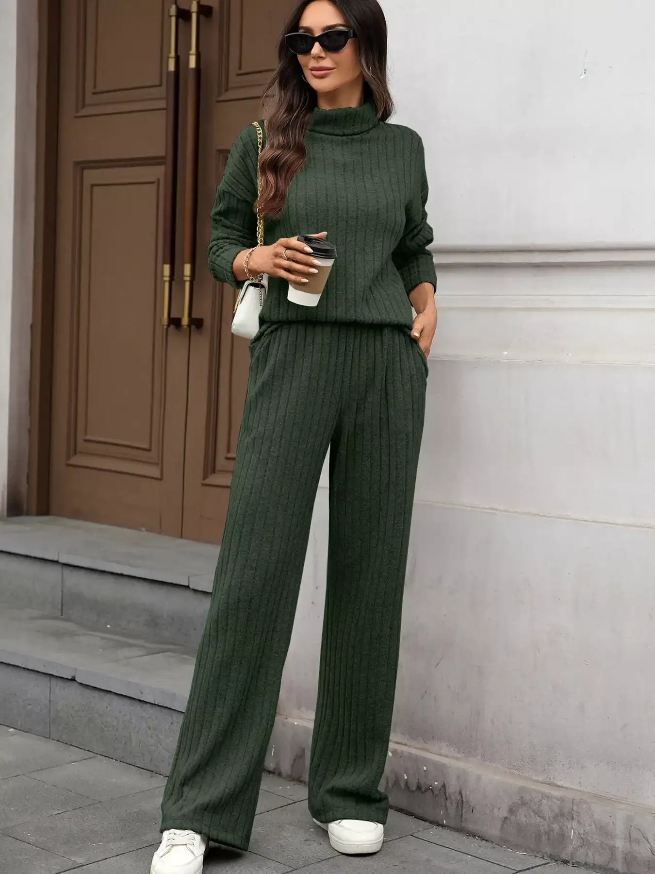 Ribbed Turtleneck Dropped Shoulder Top and Pants Sweater Set - Bela Fils BoutiqueBela Fils Boutique