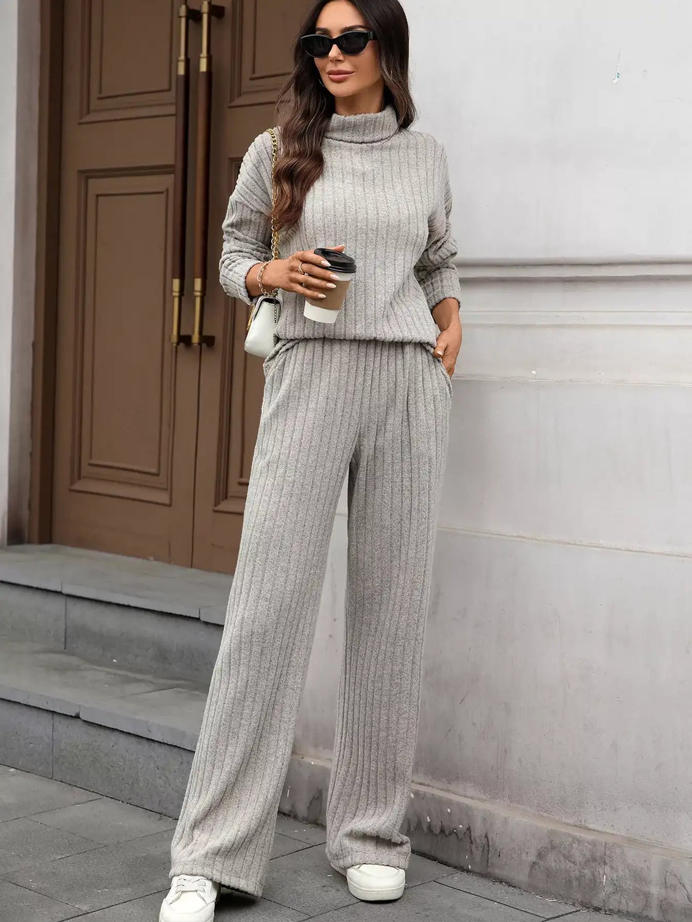 Ribbed Turtleneck Dropped Shoulder Top and Pants Sweater Set - Bela Fils BoutiqueBela Fils Boutique