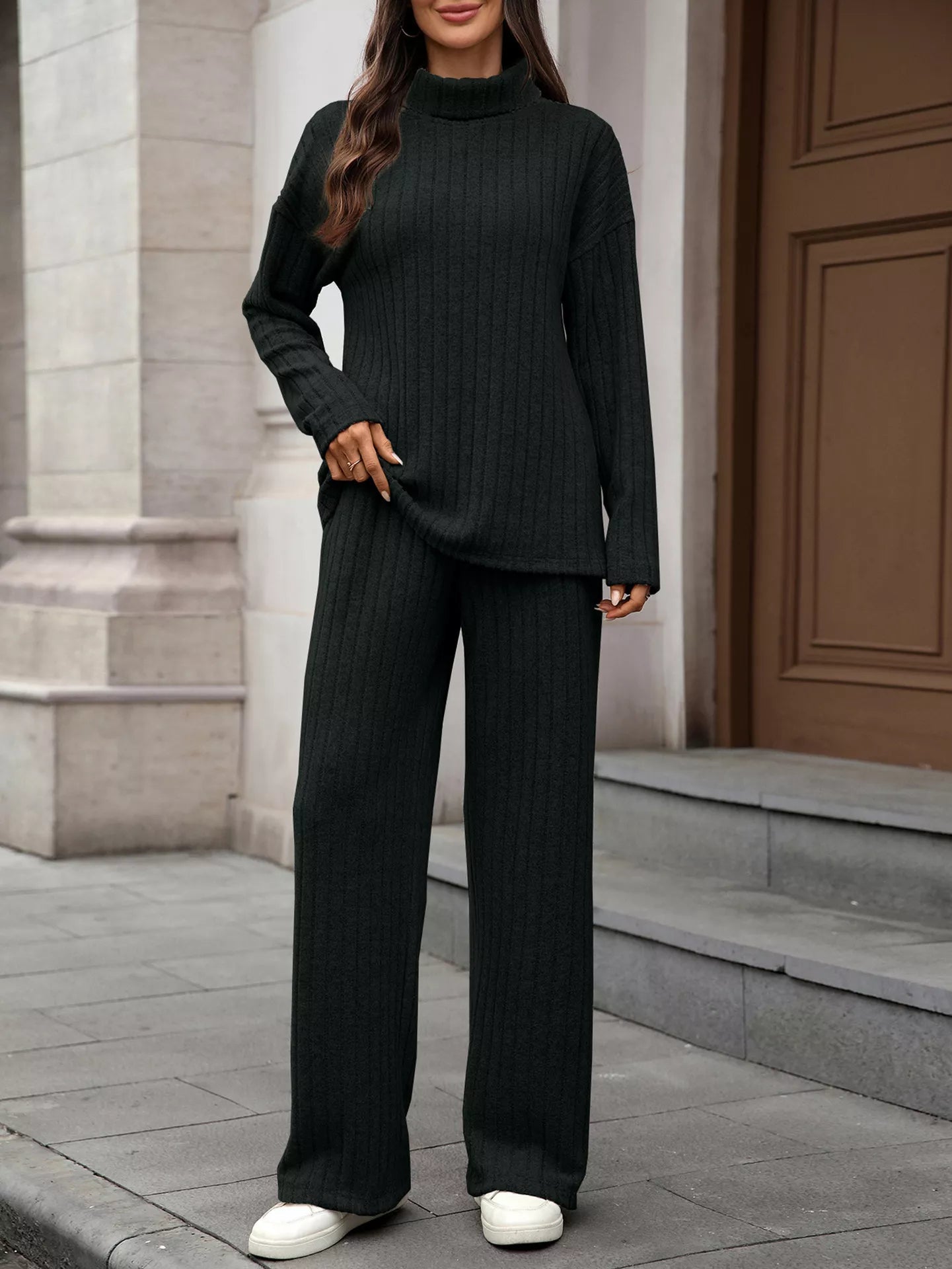Ribbed Turtleneck Dropped Shoulder Top and Pants Sweater Set - Bela Fils BoutiqueBela Fils Boutique