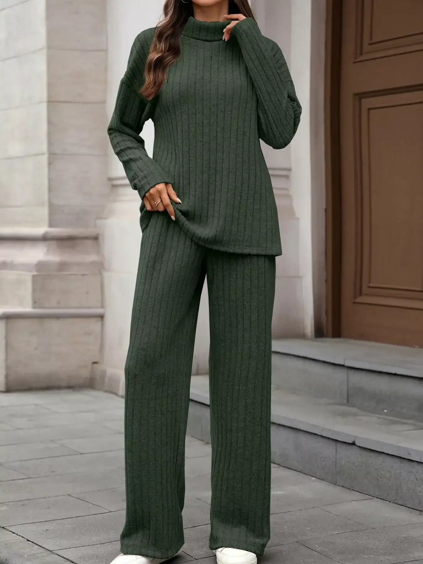 Ribbed Turtleneck Dropped Shoulder Top and Pants Sweater Set - Bela Fils BoutiqueBela Fils Boutique