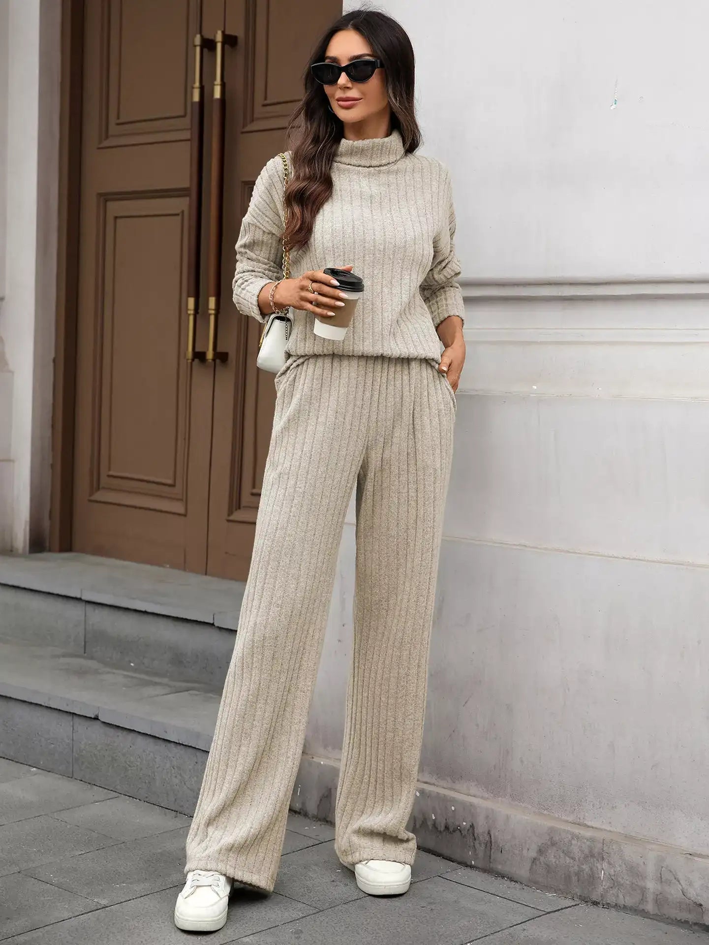 Ribbed Turtleneck Dropped Shoulder Top and Pants Sweater Set - Bela Fils BoutiqueBela Fils Boutique