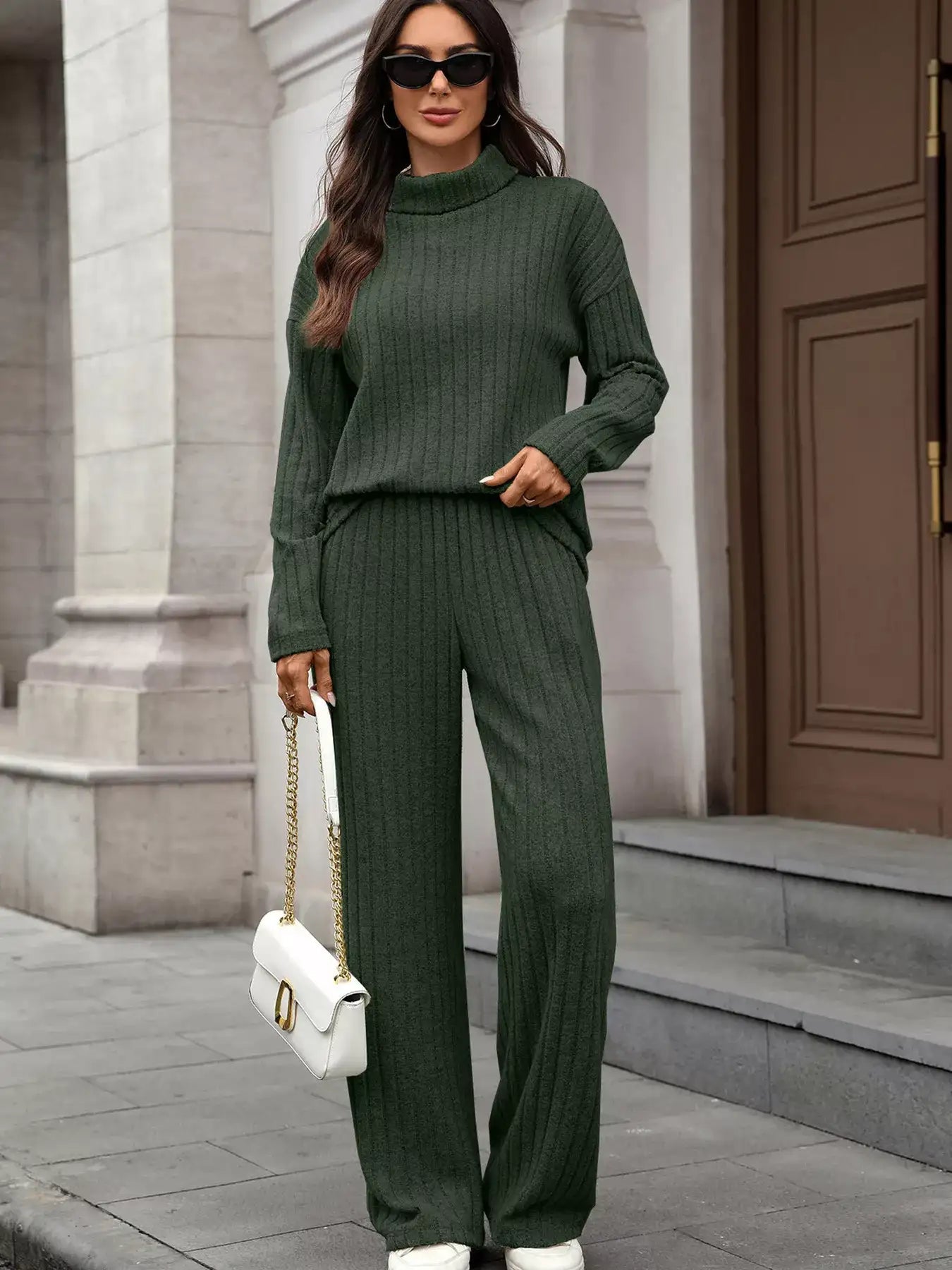 Ribbed Turtleneck Dropped Shoulder Top and Pants Sweater Set - Bela Fils BoutiqueBela Fils Boutique