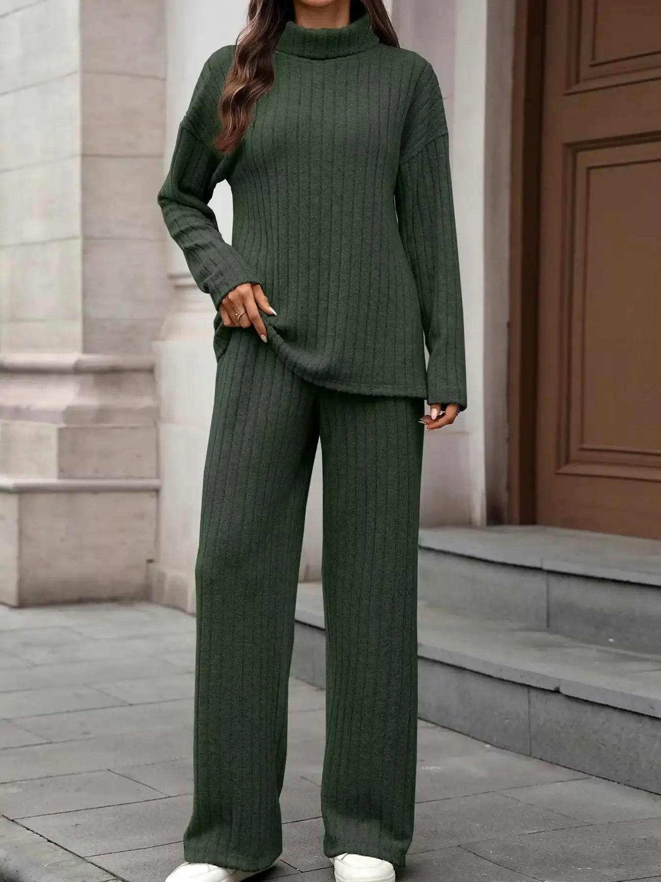 Ribbed Turtleneck Dropped Shoulder Top and Pants Sweater Set - Bela Fils BoutiqueBela Fils Boutique