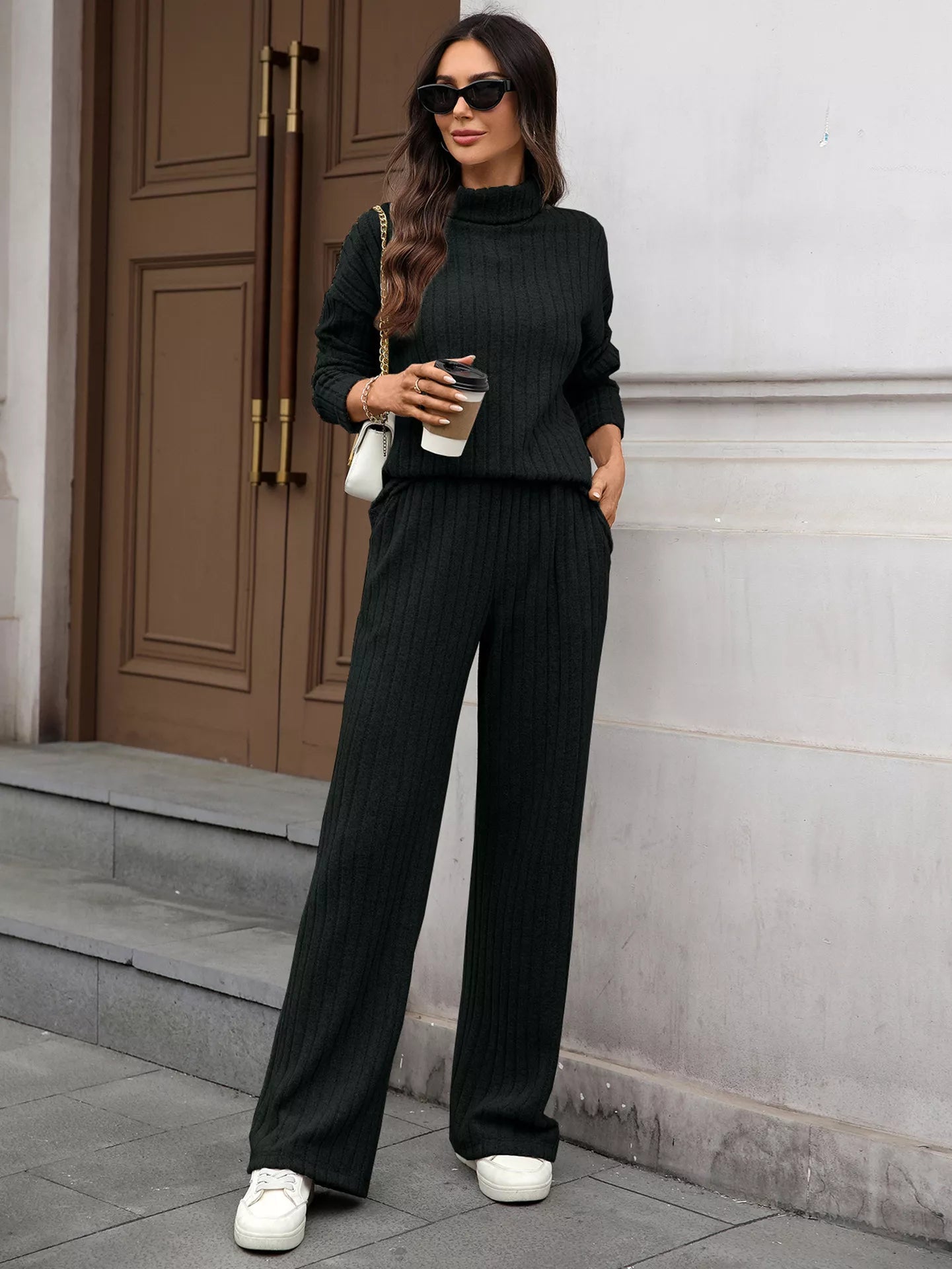 Ribbed Turtleneck Dropped Shoulder Top and Pants Sweater Set - Bela Fils BoutiqueBela Fils Boutique