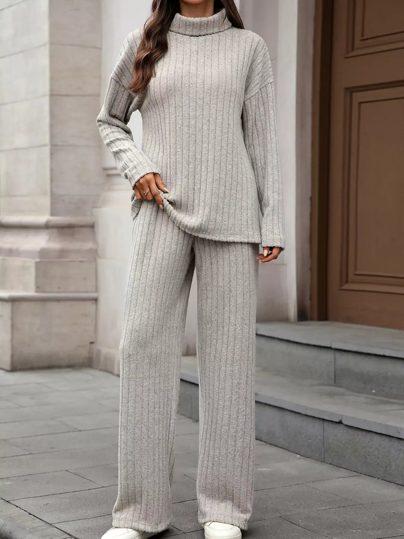 Ribbed Turtleneck Dropped Shoulder Top and Pants Sweater Set - Bela Fils BoutiqueBela Fils Boutique