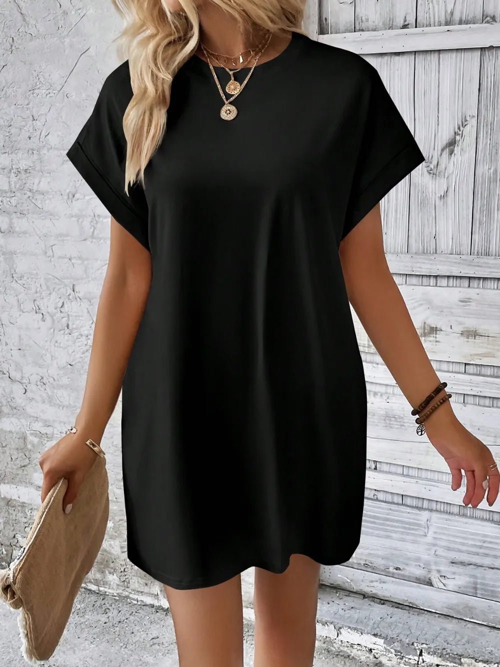 Round Neck Short Sleeve Mini Dress - Bela Fils BoutiqueBela Fils Boutique