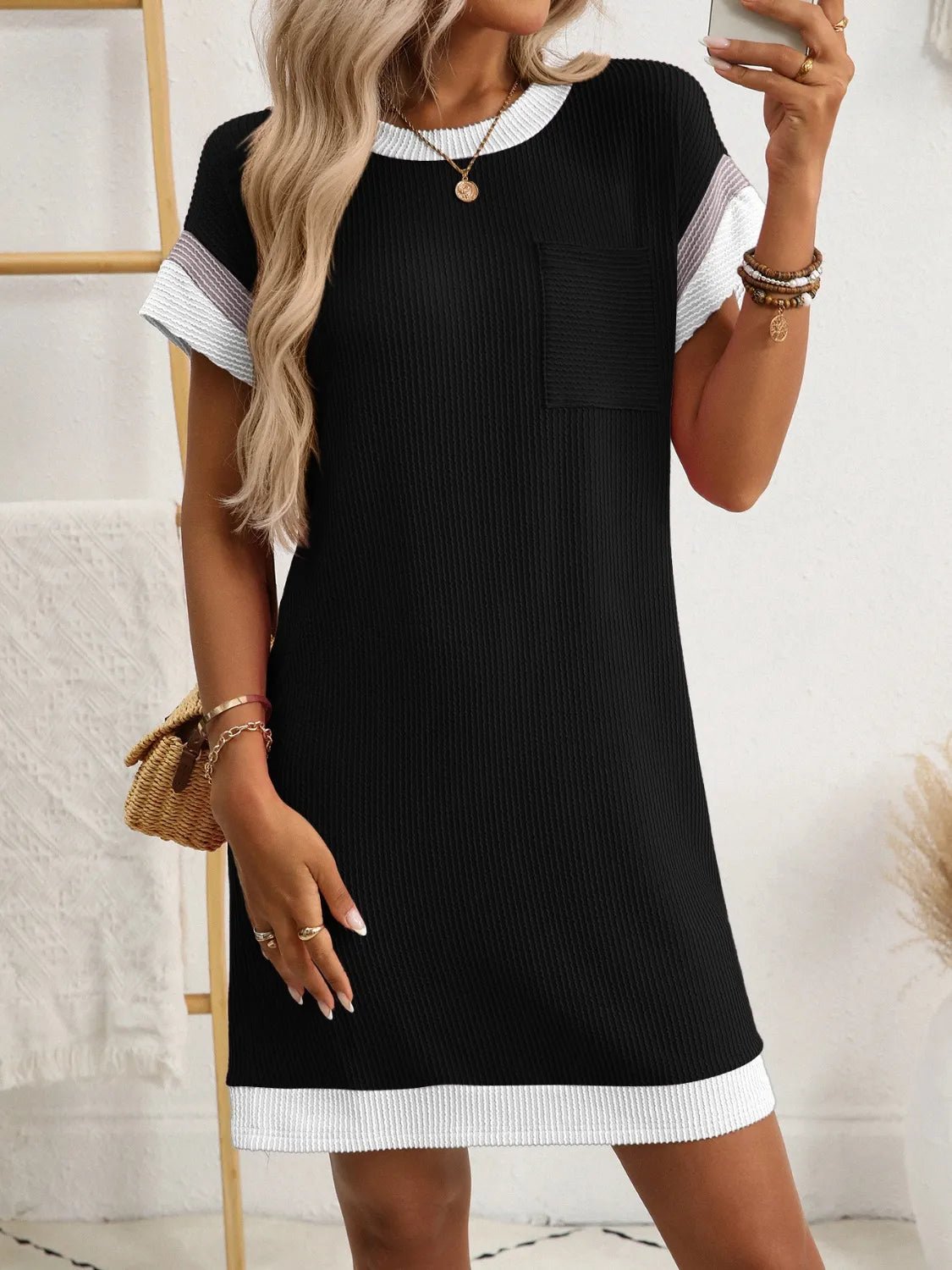 Round Neck Short Sleeve Mini Dress - Bela Fils BoutiqueBela Fils Boutique