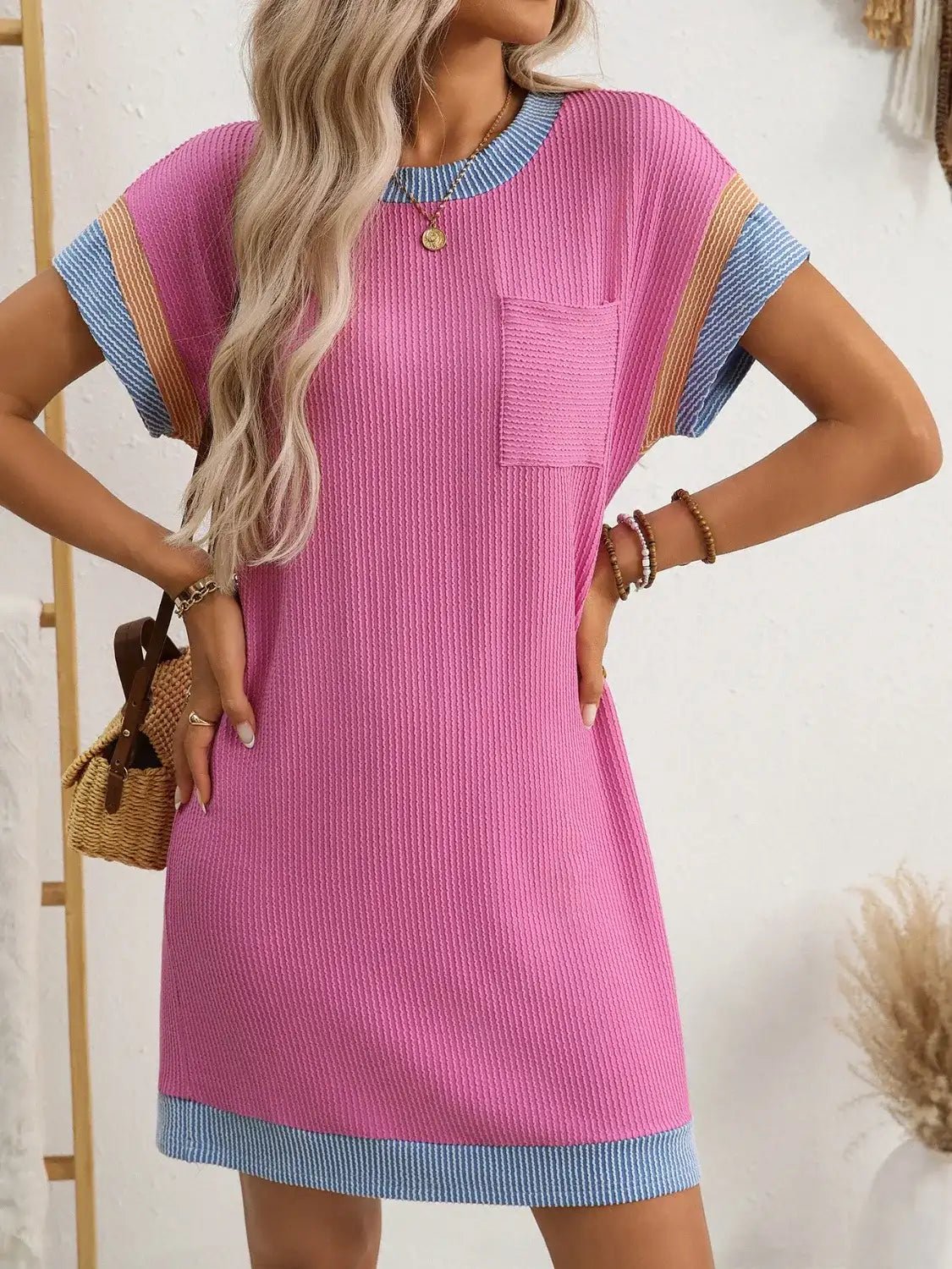 Round Neck Short Sleeve Mini Dress - Bela Fils BoutiqueBela Fils Boutique