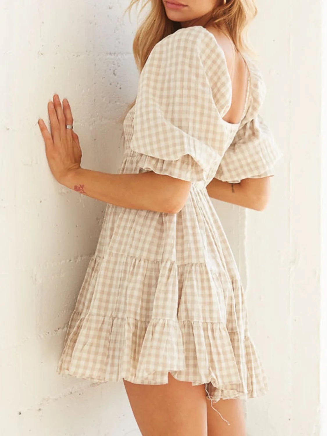 Ruffled Hem Plaid Half Sleeve Mini Dress - Bela Fils BoutiqueBela Fils Boutique