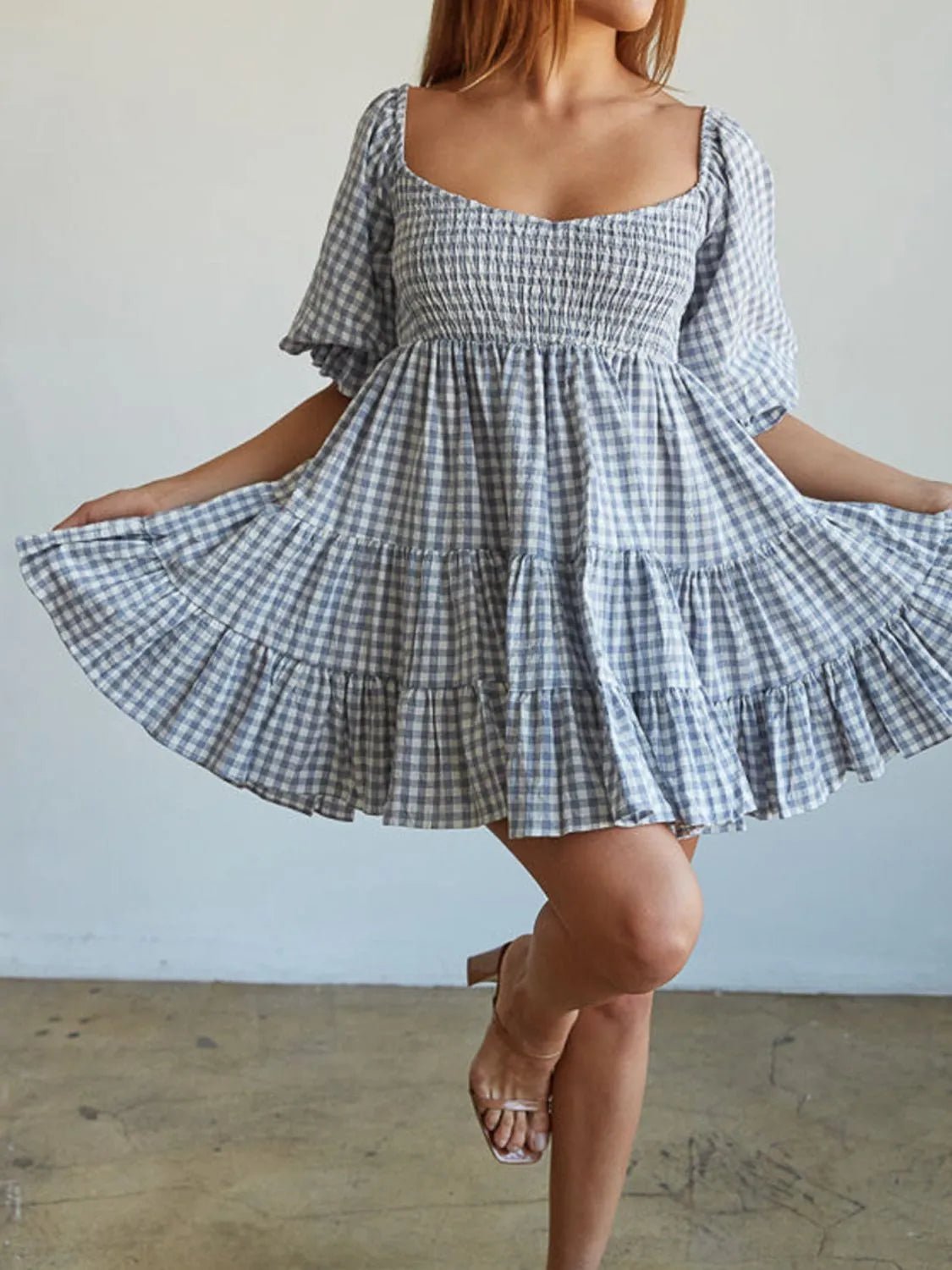 Ruffled Hem Plaid Half Sleeve Mini Dress - Bela Fils BoutiqueBela Fils Boutique