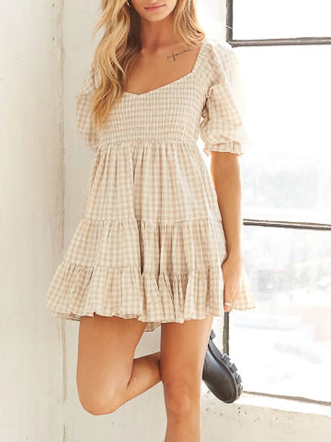 Ruffled Hem Plaid Half Sleeve Mini Dress - Bela Fils BoutiqueBela Fils Boutique