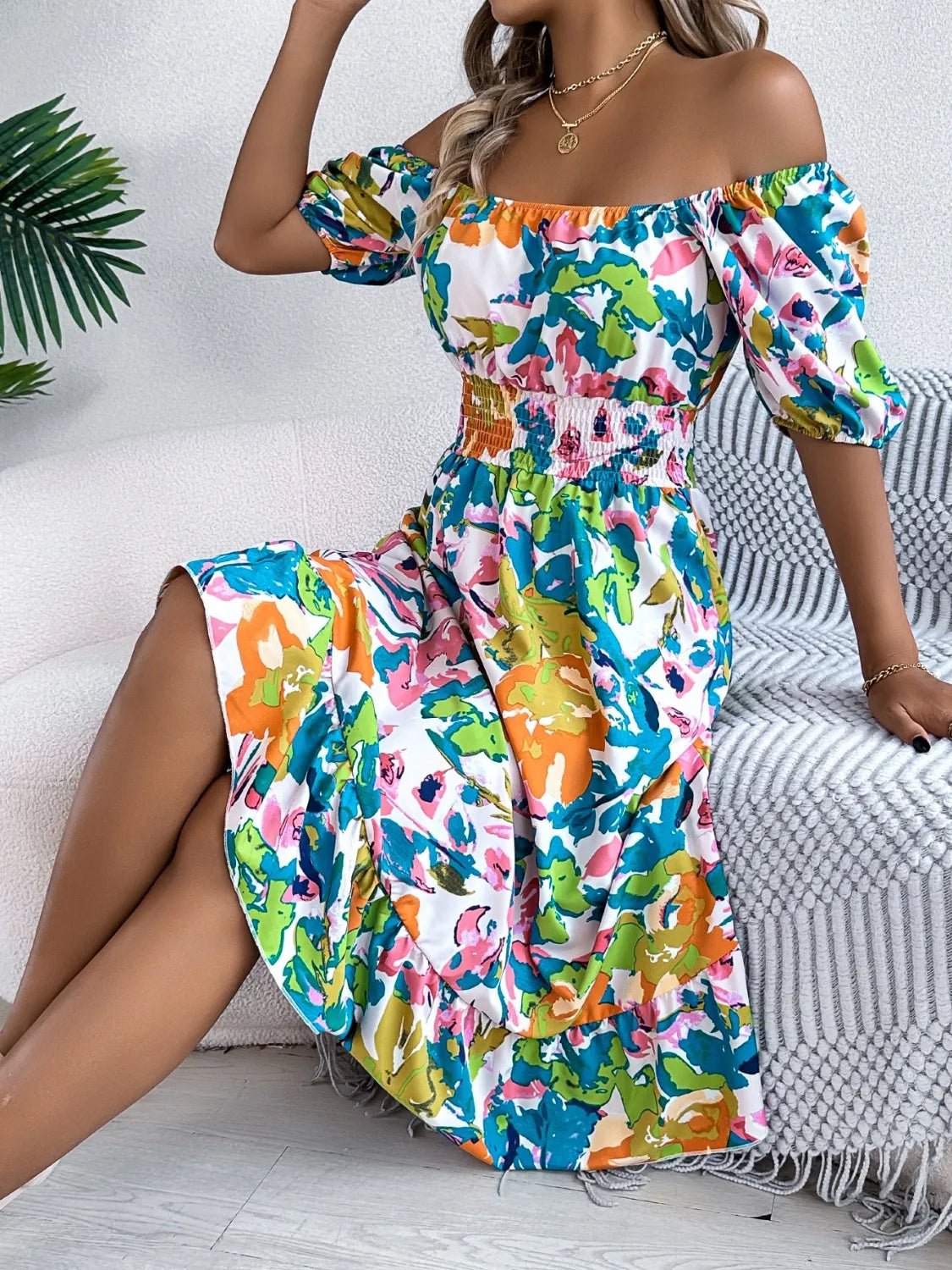 Ruffled Hem Smocked Floral Short Sleeve Midi Dress - Bela Fils BoutiqueBela Fils Boutique