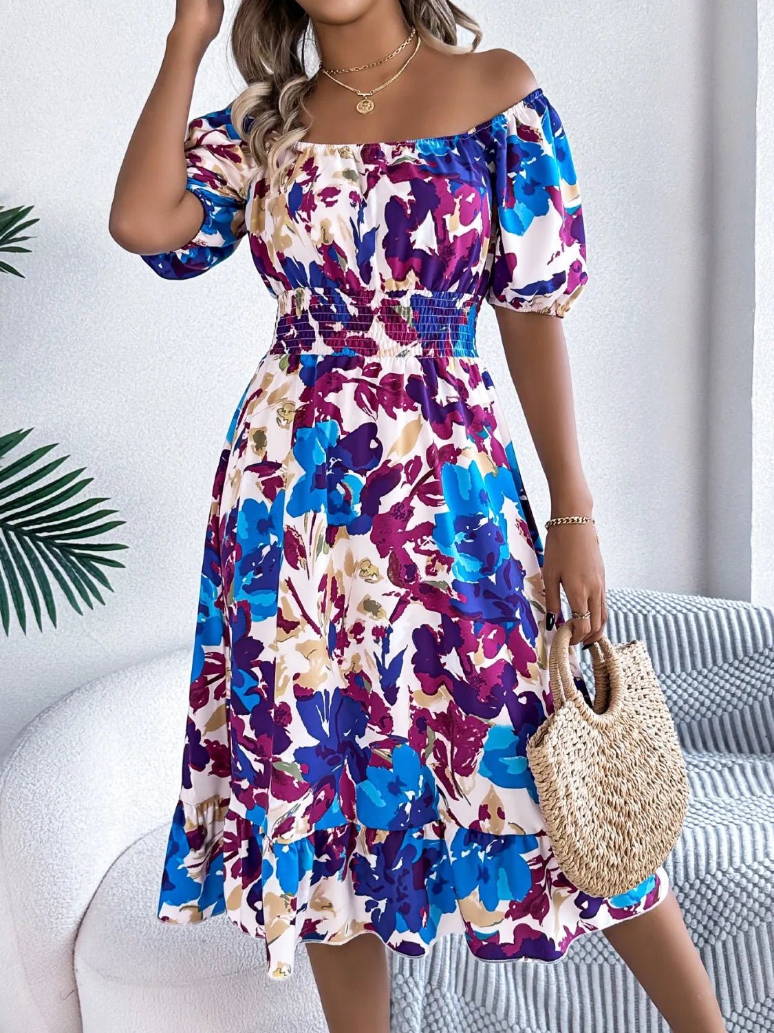 Ruffled Hem Smocked Floral Short Sleeve Midi Dress - Bela Fils BoutiqueBela Fils Boutique