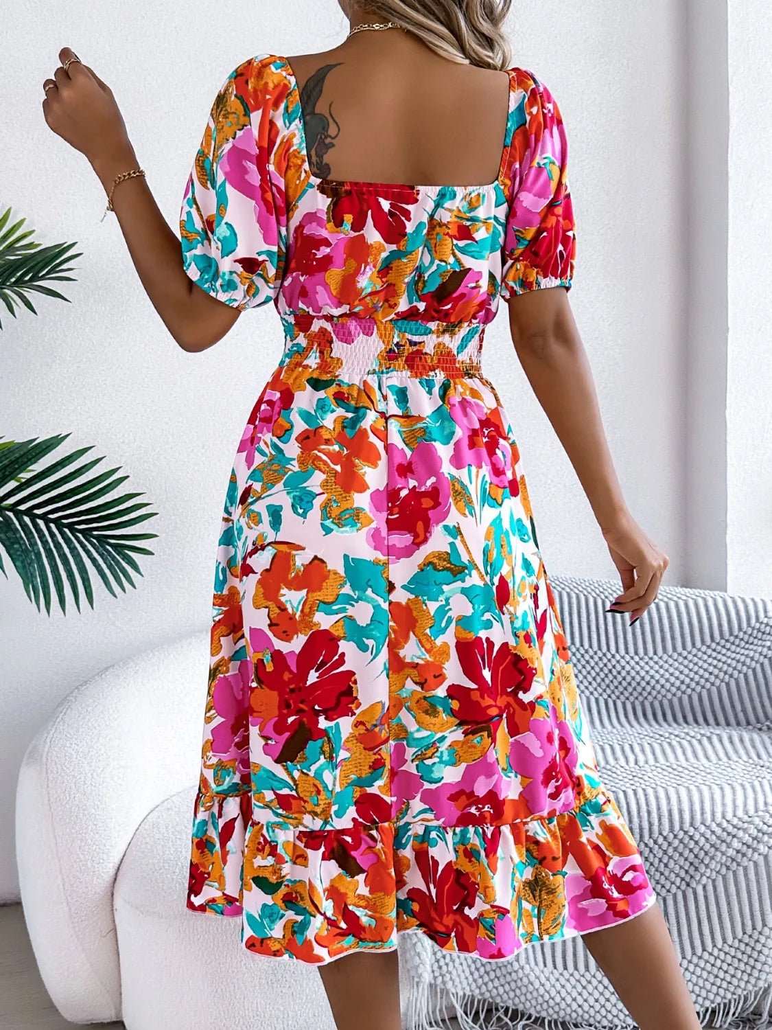 Ruffled Hem Smocked Floral Short Sleeve Midi Dress - Bela Fils BoutiqueBela Fils Boutique