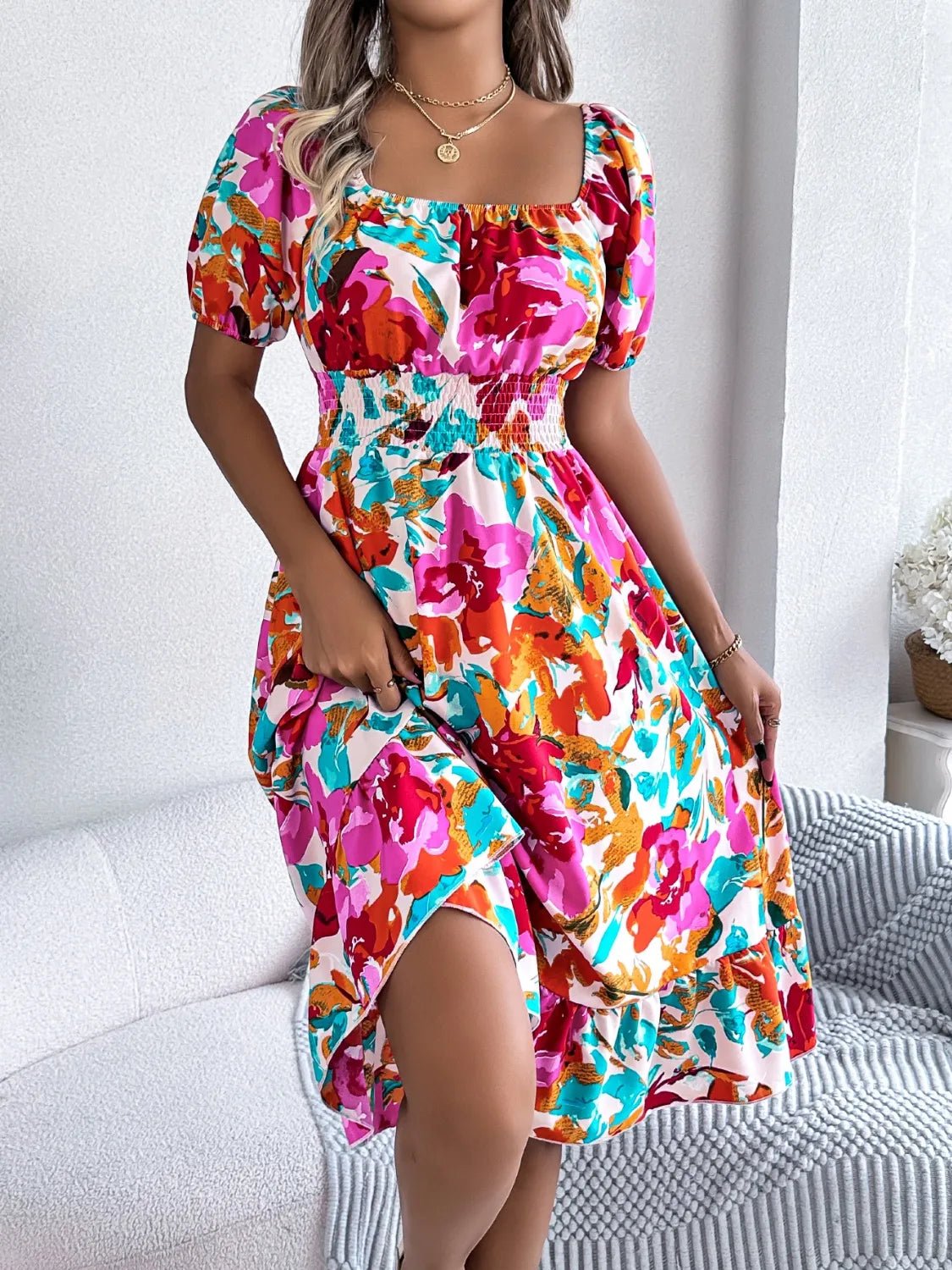 Ruffled Hem Smocked Floral Short Sleeve Midi Dress - Bela Fils BoutiqueBela Fils Boutique