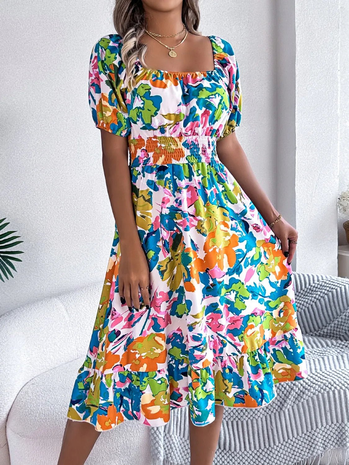 Ruffled Hem Smocked Floral Short Sleeve Midi Dress - Bela Fils BoutiqueBela Fils Boutique