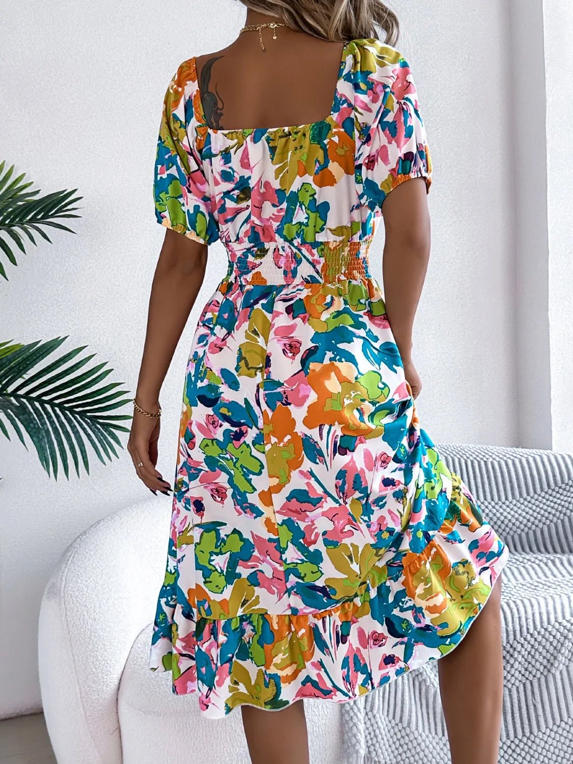 Ruffled Hem Smocked Floral Short Sleeve Midi Dress - Bela Fils BoutiqueBela Fils Boutique