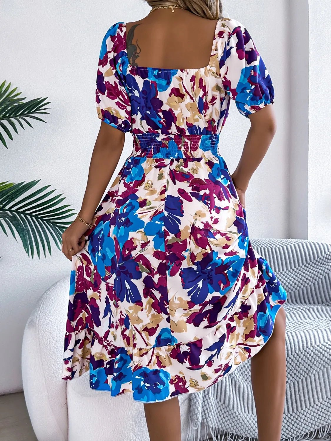 Ruffled Hem Smocked Floral Short Sleeve Midi Dress - Bela Fils BoutiqueBela Fils Boutique