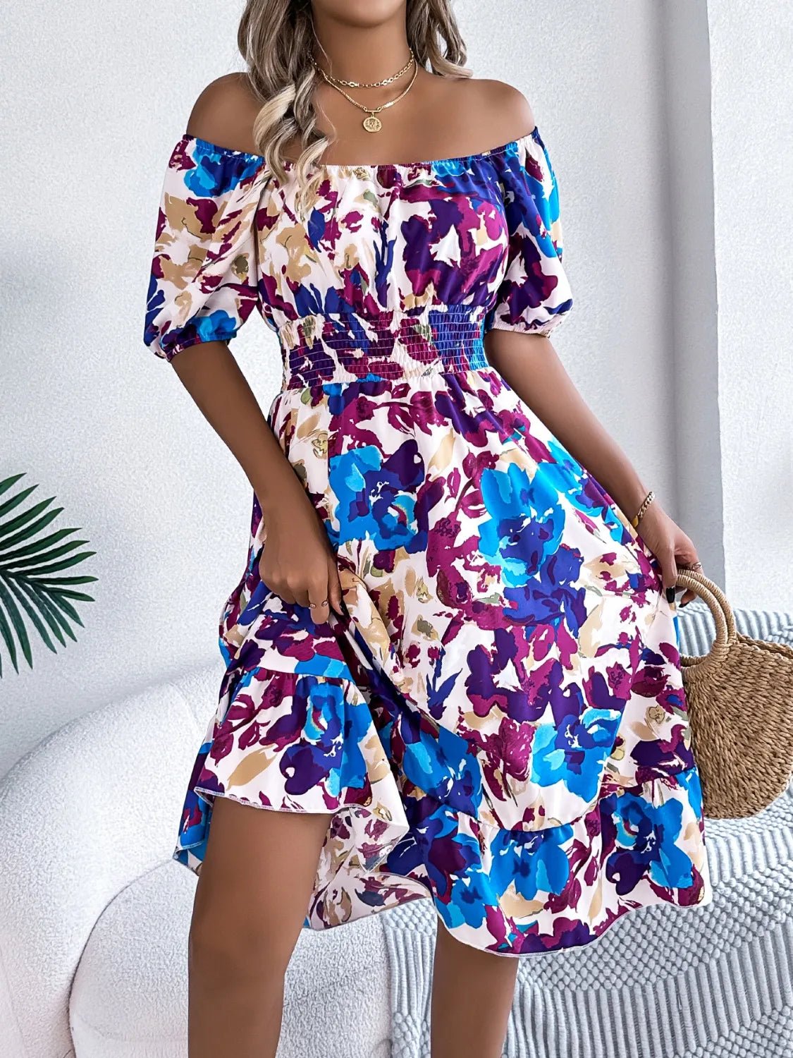 Ruffled Hem Smocked Floral Short Sleeve Midi Dress - Bela Fils BoutiqueBela Fils Boutique