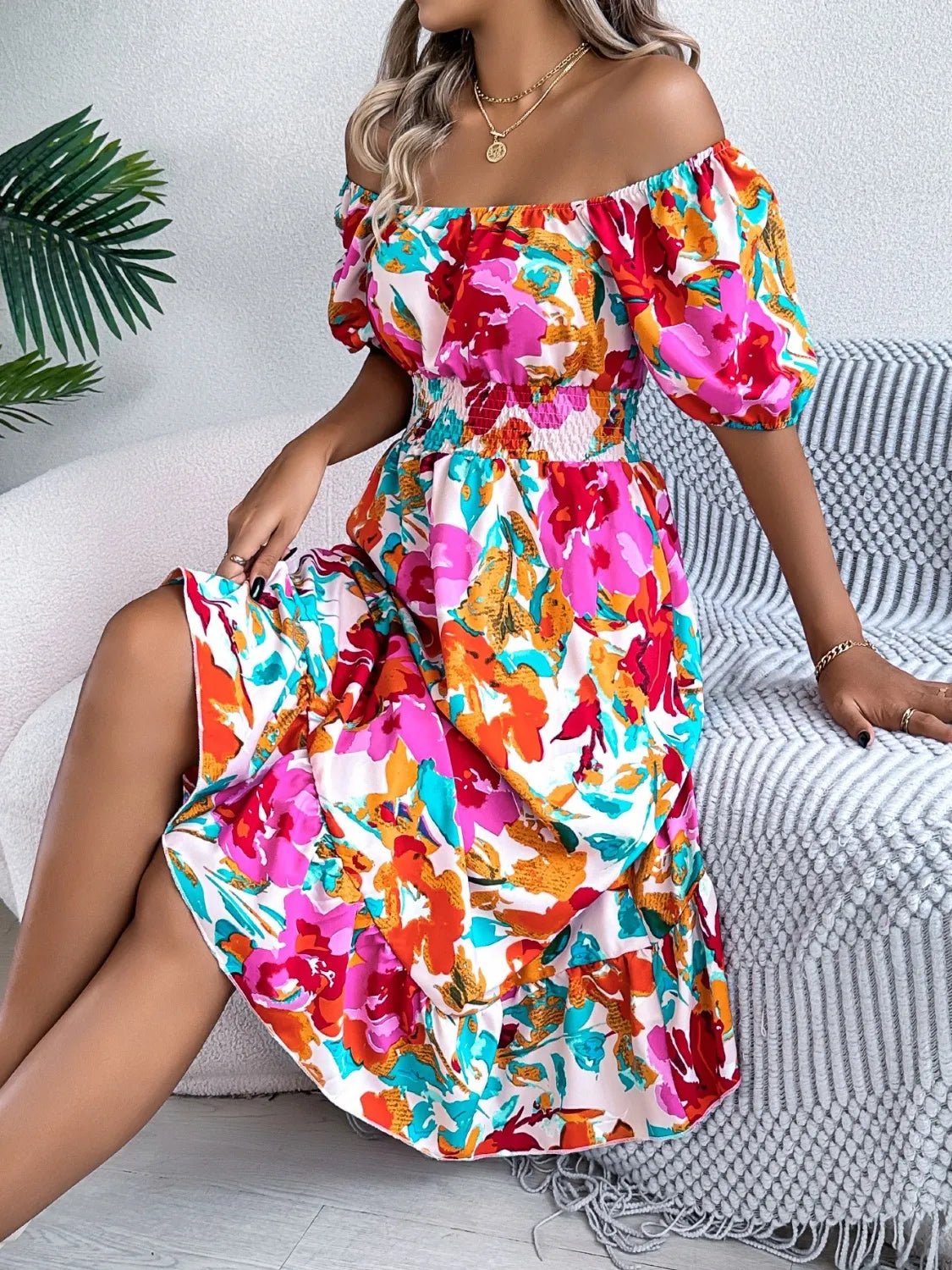 Ruffled Hem Smocked Floral Short Sleeve Midi Dress - Bela Fils BoutiqueBela Fils Boutique