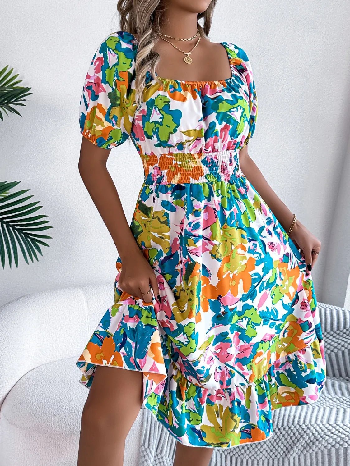 Ruffled Hem Smocked Floral Short Sleeve Midi Dress - Bela Fils BoutiqueBela Fils Boutique