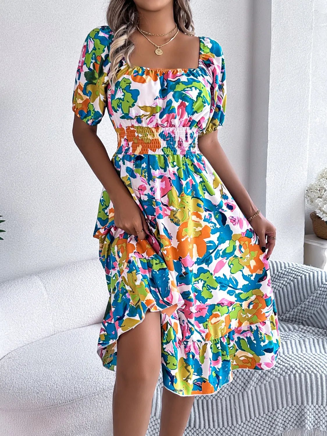 Ruffled Hem Smocked Floral Short Sleeve Midi Dress - Bela Fils BoutiqueBela Fils Boutique