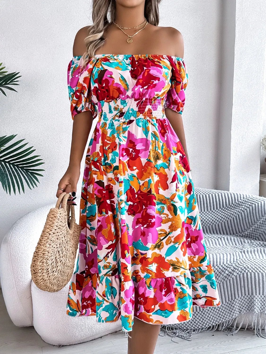 Ruffled Hem Smocked Floral Short Sleeve Midi Dress - Bela Fils BoutiqueBela Fils Boutique