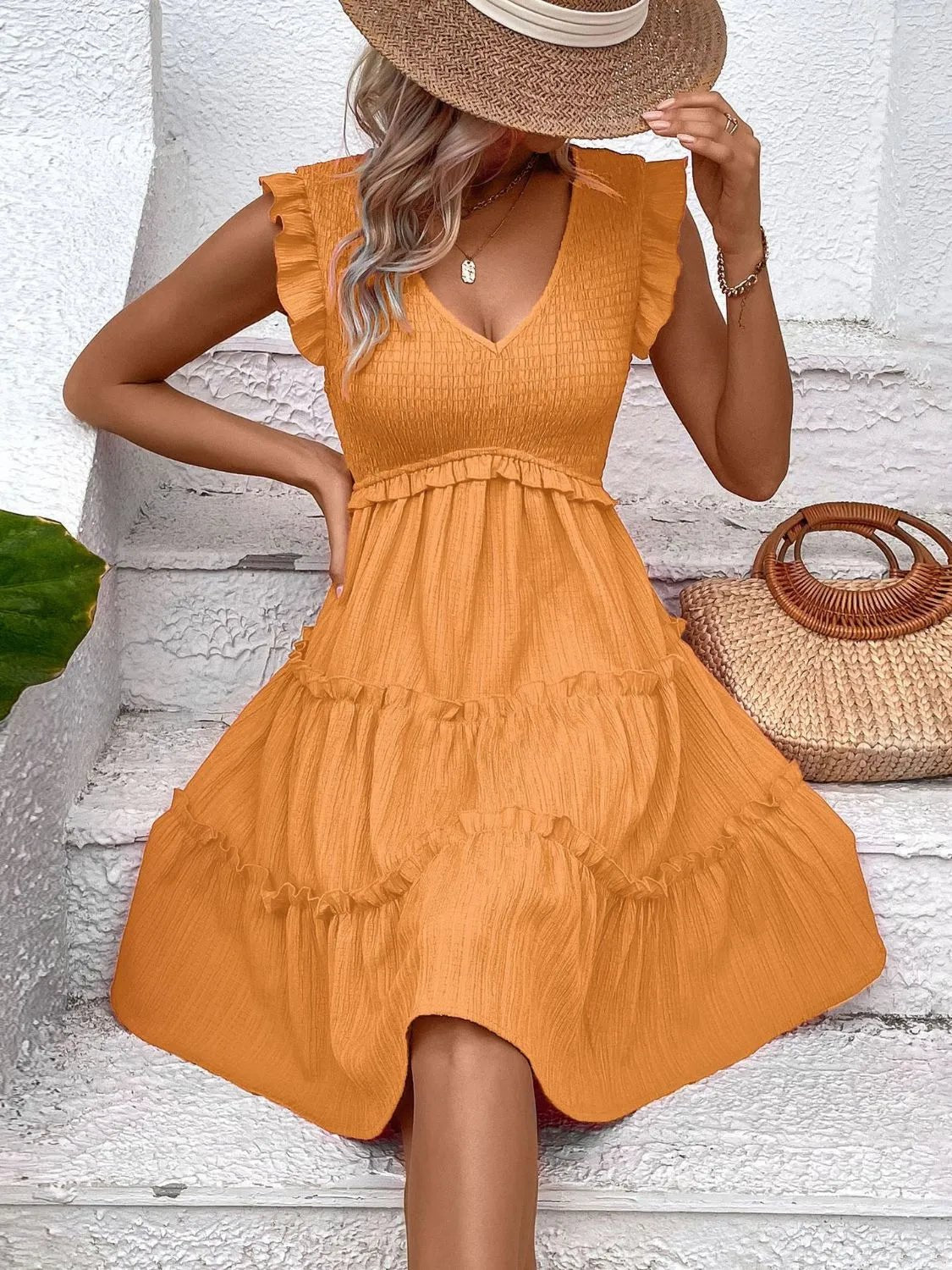 Ruffled V - Neck Cap Sleeve Dress - Bela Fils BoutiqueBela Fils Boutique
