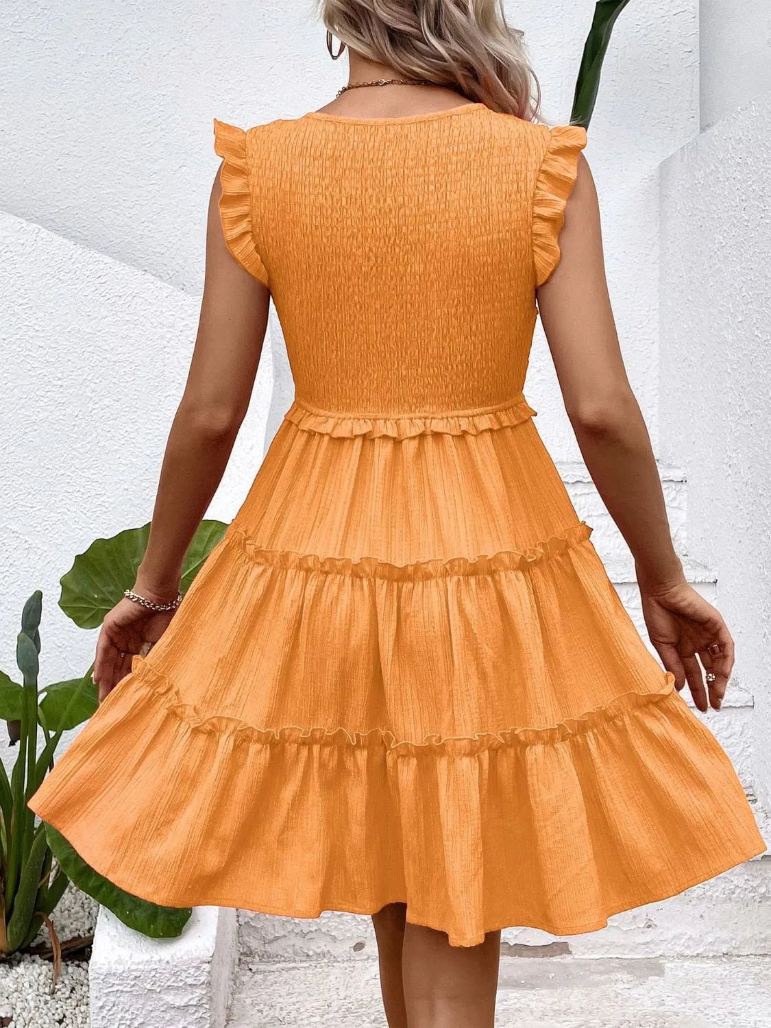 Ruffled V - Neck Cap Sleeve Dress - Bela Fils BoutiqueBela Fils Boutique