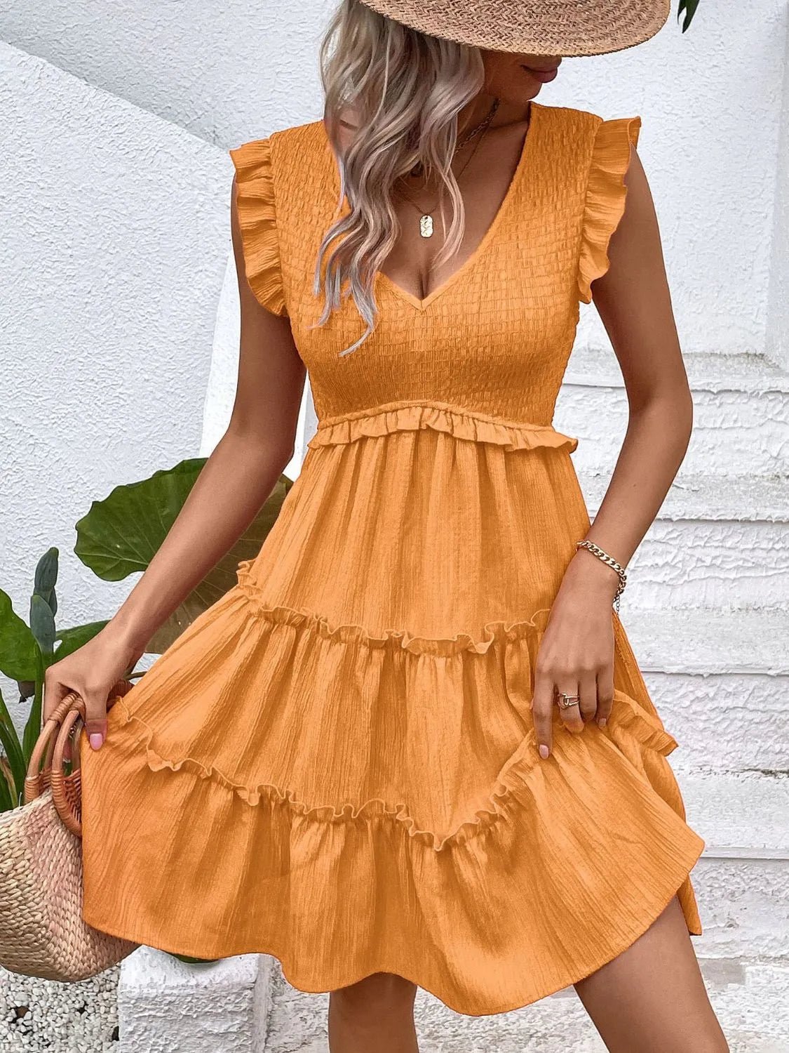Ruffled V - Neck Cap Sleeve Dress - Bela Fils BoutiqueBela Fils Boutique