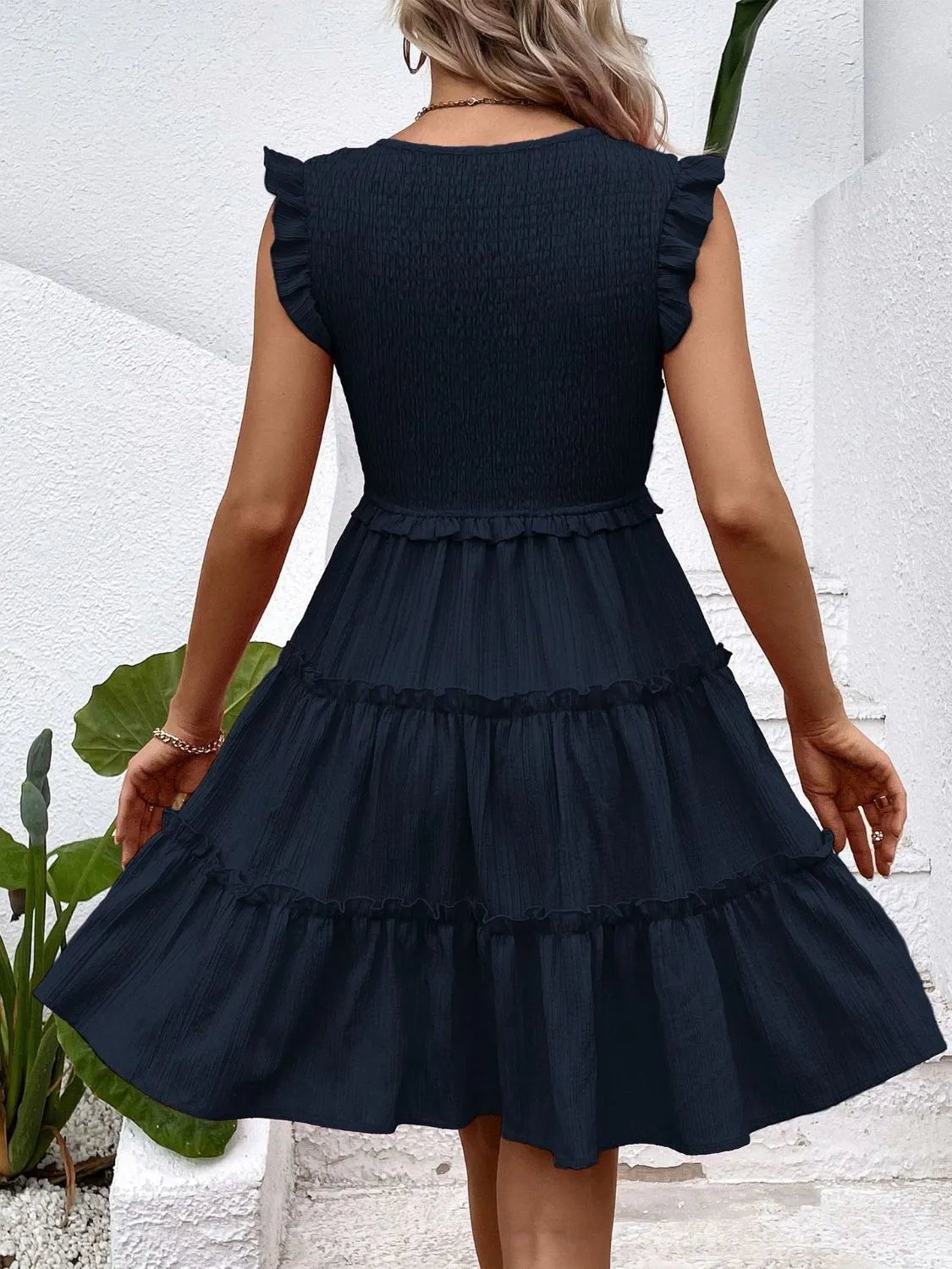 Ruffled V - Neck Cap Sleeve Dress - Bela Fils BoutiqueBela Fils Boutique