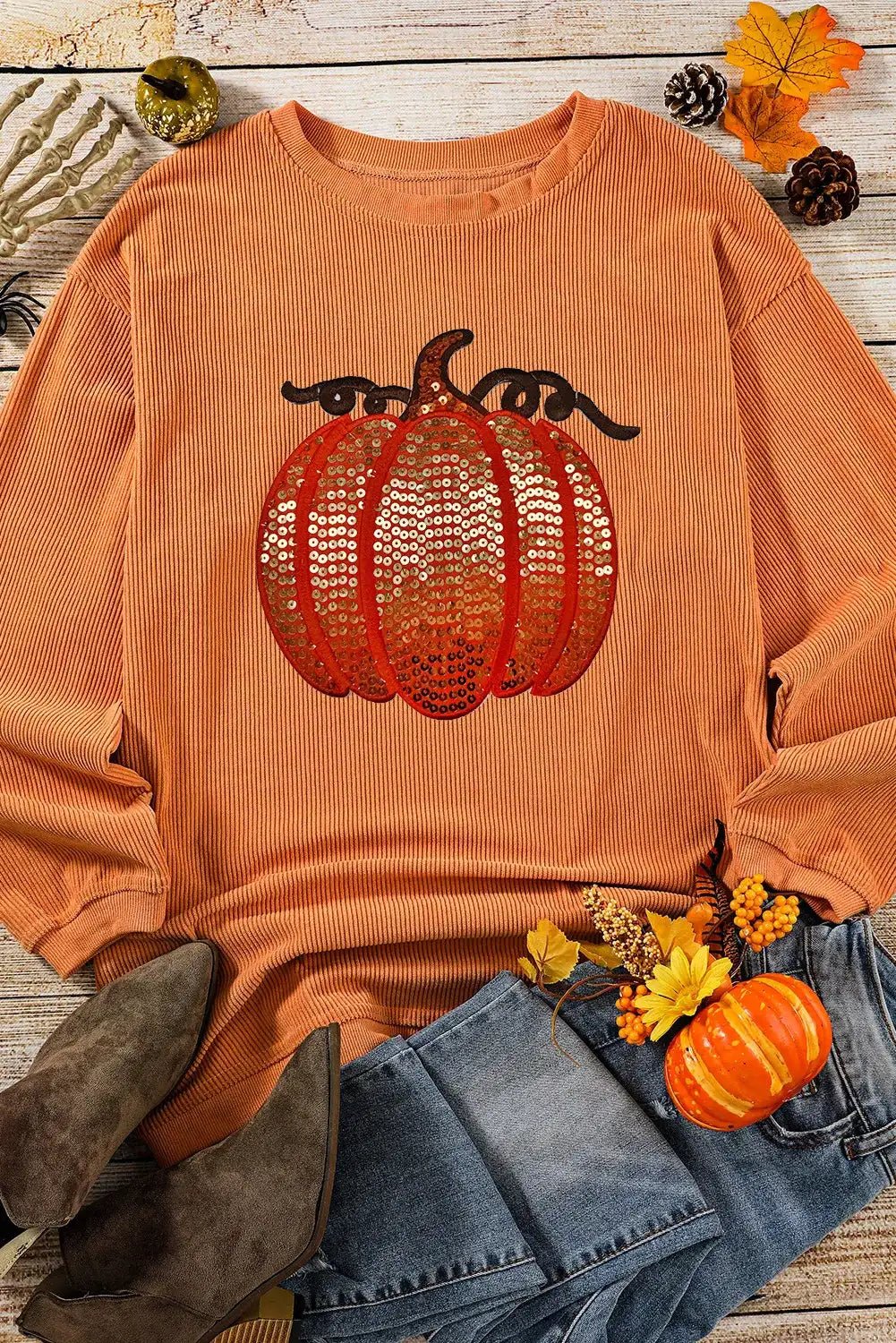 Sequin Pumpkin Round Neck Long Sleeve Sweatshirt - Bela Fils BoutiqueBela Fils Boutique