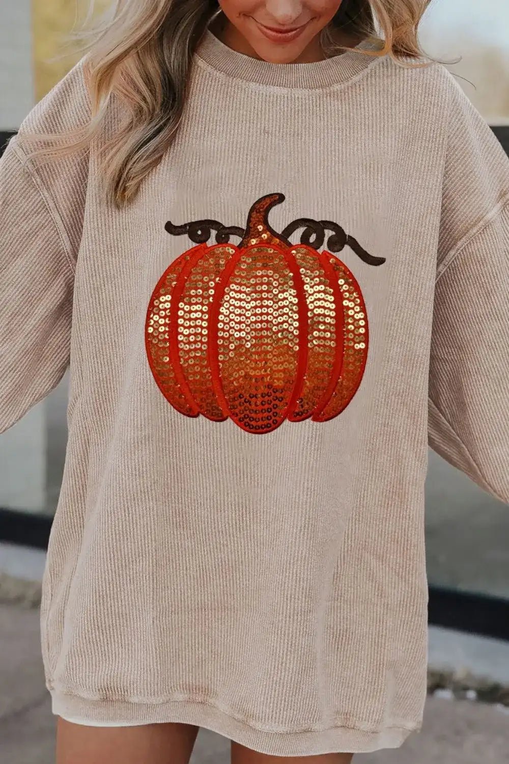 Sequin Pumpkin Round Neck Long Sleeve Sweatshirt - Bela Fils BoutiqueBela Fils Boutique