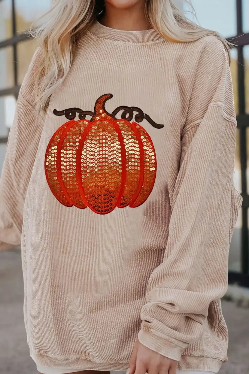 Sequin Pumpkin Round Neck Long Sleeve Sweatshirt - Bela Fils BoutiqueBela Fils Boutique