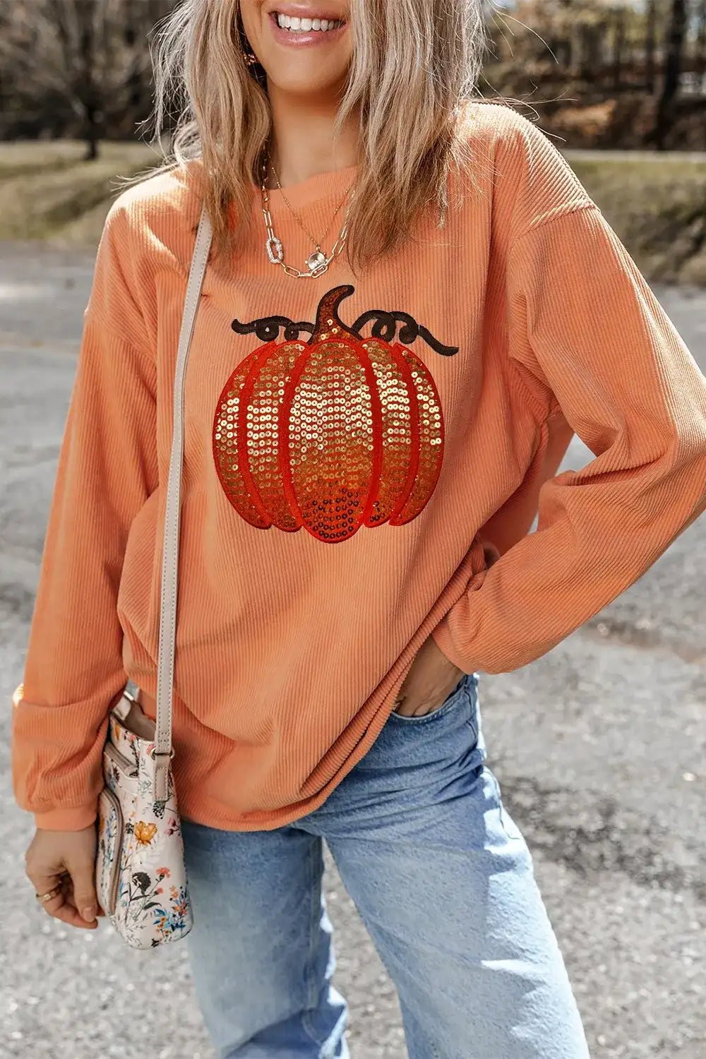 Sequin Pumpkin Round Neck Long Sleeve Sweatshirt - Bela Fils BoutiqueBela Fils Boutique