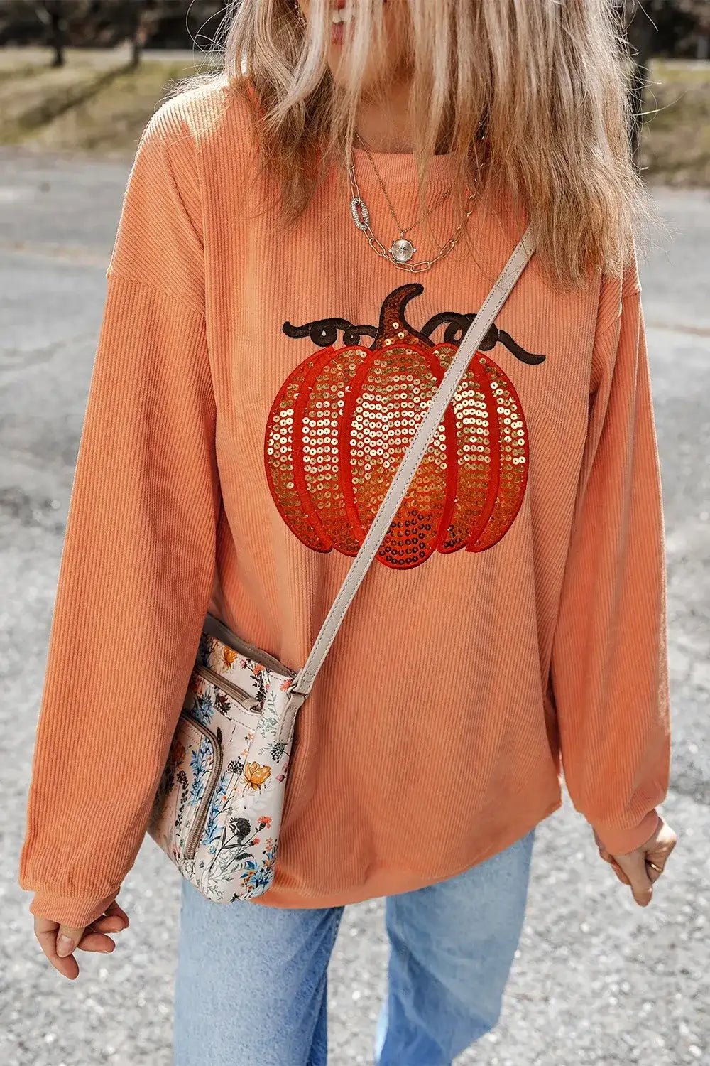 Sequin Pumpkin Round Neck Long Sleeve Sweatshirt - Bela Fils BoutiqueBela Fils Boutique