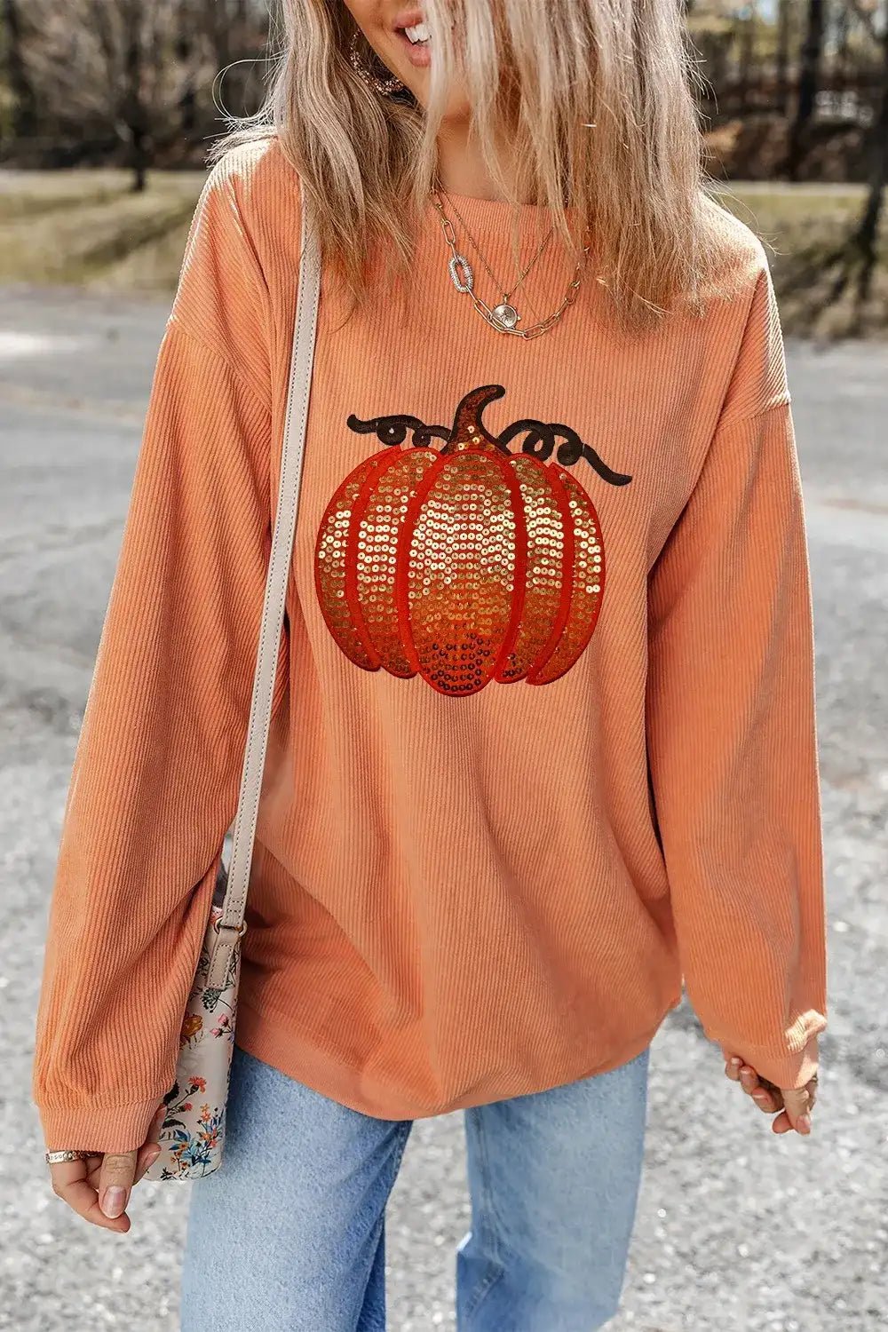 Sequin Pumpkin Round Neck Long Sleeve Sweatshirt - Bela Fils BoutiqueBela Fils Boutique