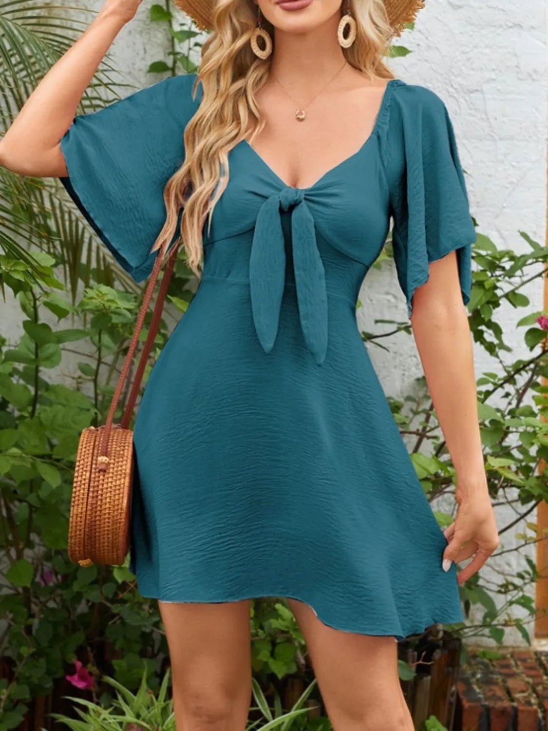 Smocked Back Knotted Flutter Sleeve Dress - Bela Fils BoutiqueBela Fils Boutique