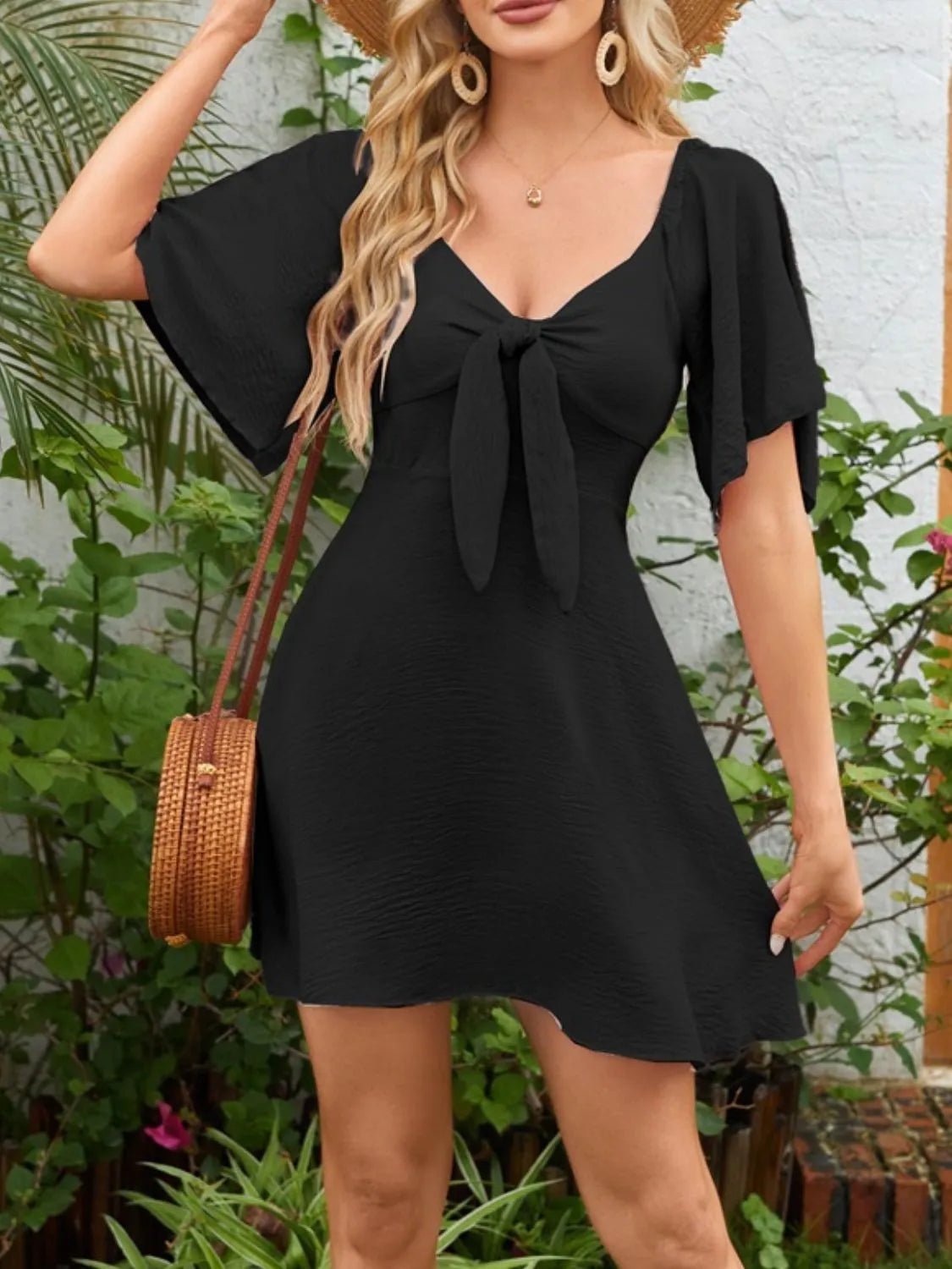 Smocked Back Knotted Flutter Sleeve Dress - Bela Fils BoutiqueBela Fils Boutique