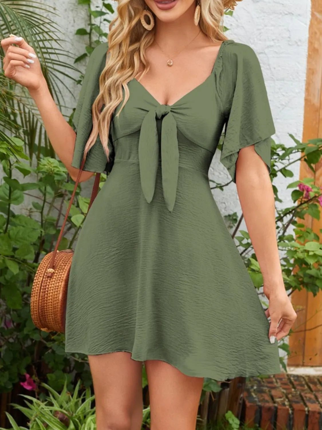 Smocked Back Knotted Flutter Sleeve Dress - Bela Fils BoutiqueBela Fils Boutique