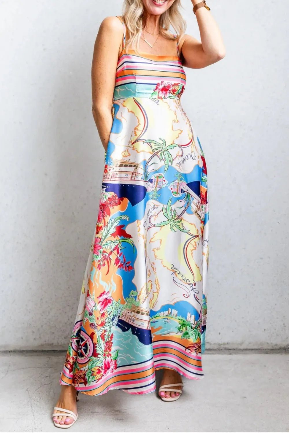 Smocked Back Printed Square Neck Maxi Cami Dress with Pockets - Bela Fils BoutiqueBela Fils Boutique