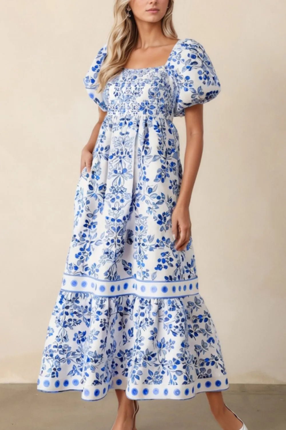 Smocked Printed Square Neck Puff Sleeve Dress - Bela Fils BoutiqueBela Fils Boutique