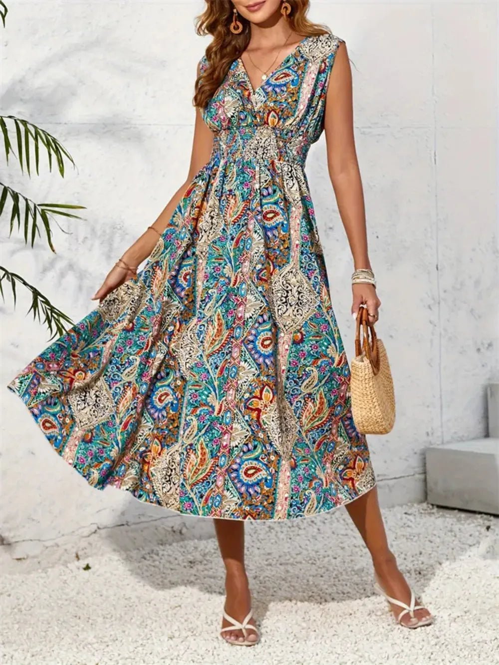 Smocked Printed Surplice Sleeveless Midi Dress - Bela Fils BoutiqueBela Fils Boutique
