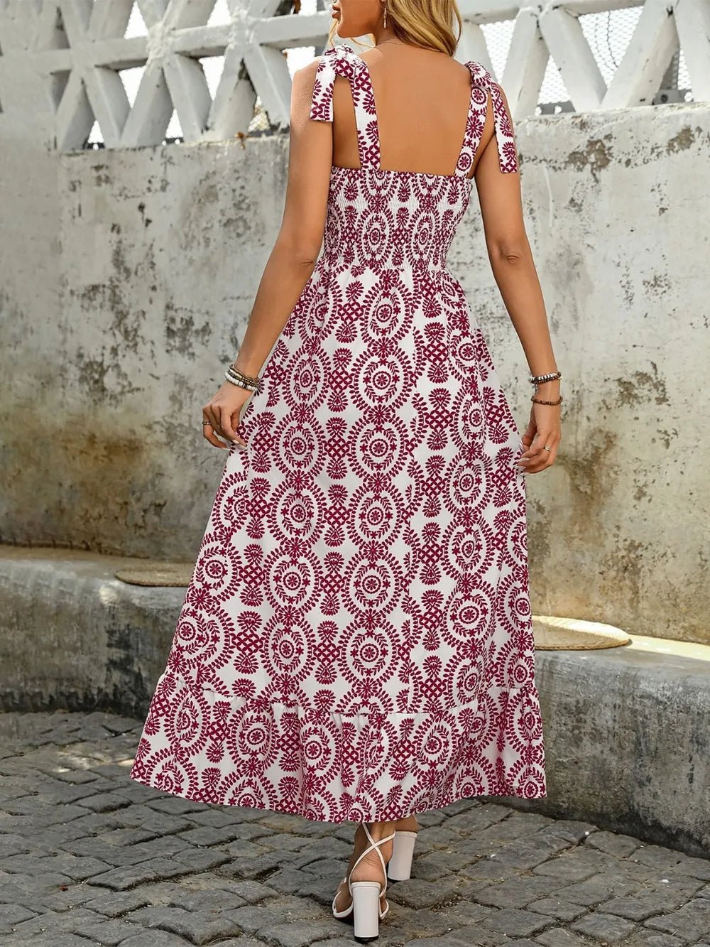 Smocked Slit Printed Tie Shoulder Dress - Bela Fils BoutiqueBela Fils Boutique