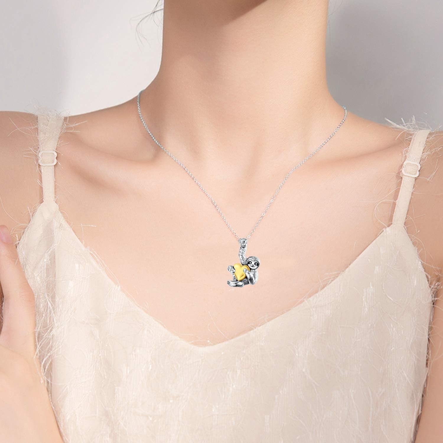 Sterling Silver Sloth Necklace – Heart Crystal Pendant - Bela Fils BoutiqueBela Fils Boutique