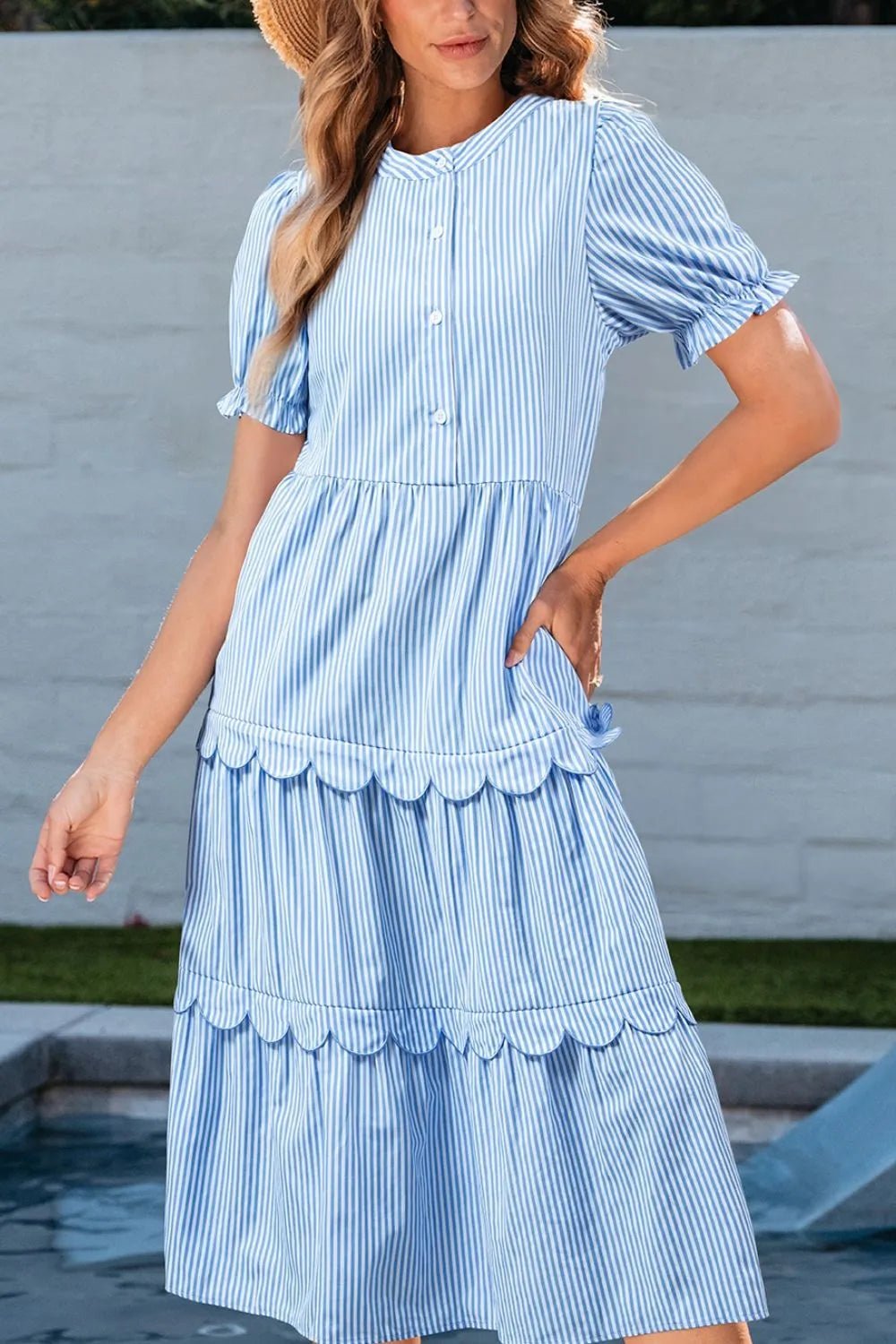 Stripe Bubble Short Sleeve Tiered Scallop Midi Dress - Bela Fils BoutiqueBela Fils Boutique